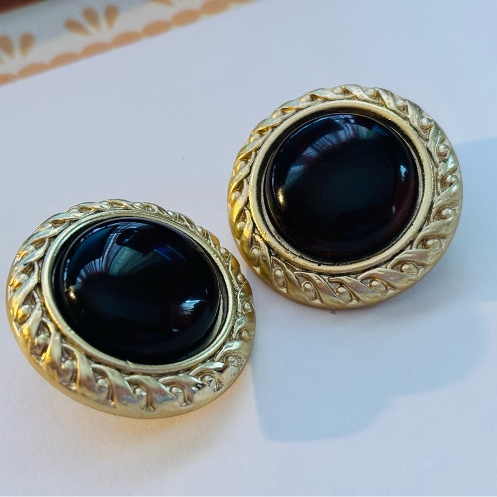 Vintage estate sale Black Cabochon Clip-On Earrings
